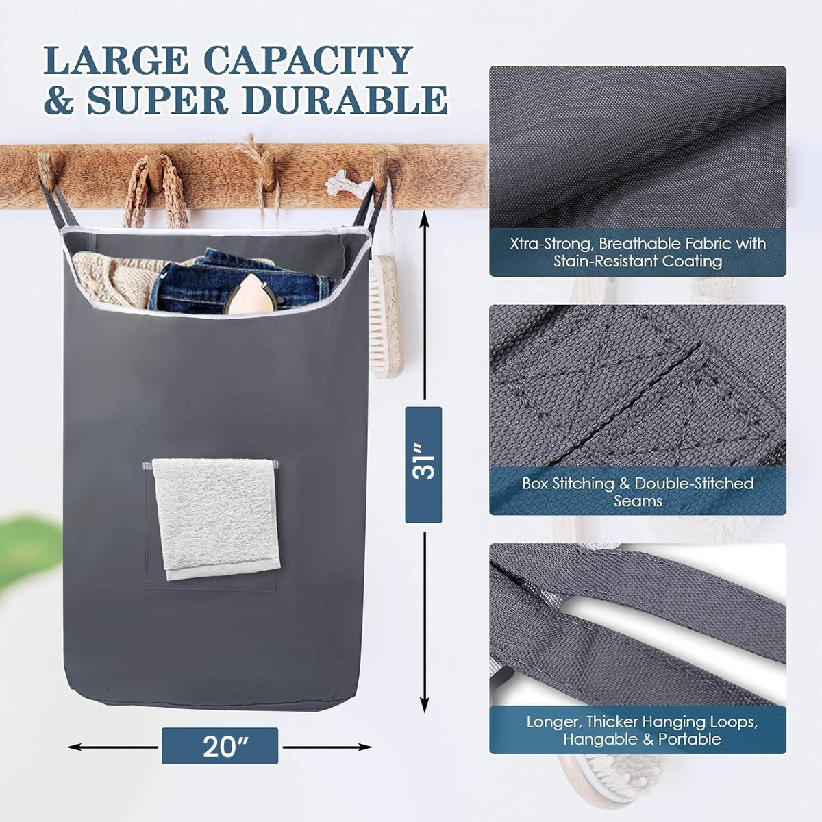 The Fine Living Co. X Large Hanging Laundry Hamper with Over Door Hooks & Adhesive Durable Space Saving Laundry Bag with Zipper and Wide Open TopHanging Dorm Laundry Hamper 20 x3.75 x31  (Grey XL)