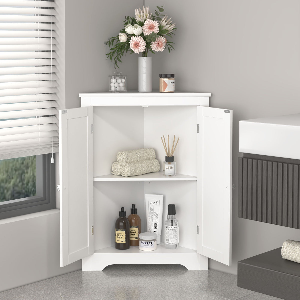 Corner Cabinet With 2 Doors And Adjustable Shelves, Freestanding Narrow Storage Organizer For Bathroom - White