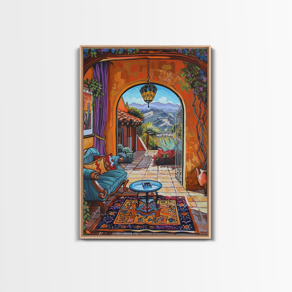 Cozy Southwestern Patio Framed Canvas Print Colorful Courtyard Best Gift Idea Home Decor Bright Seasonal Art Above Sofa Wall Art