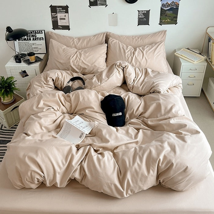 Washed Cotton Solid Color Double Spliced Four-Piece Bedding Set - Sheet, Quilt Cover, Pillowcases for Employee and Dormitory Use