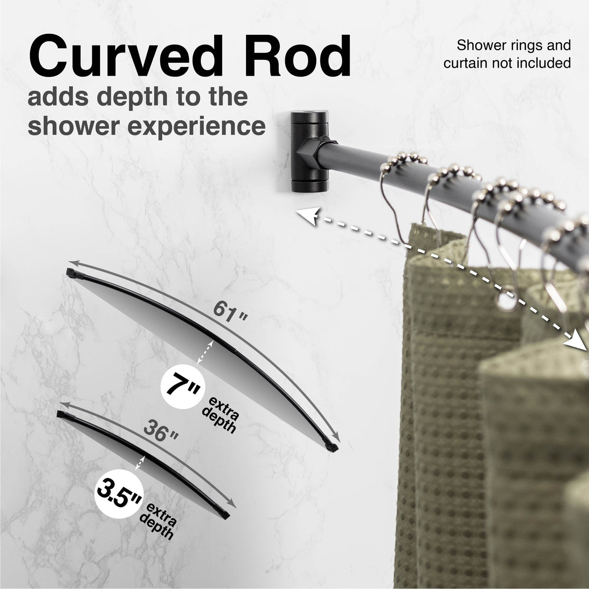 36 in. to 61 in. Curved Shower Rod (Black Finish)