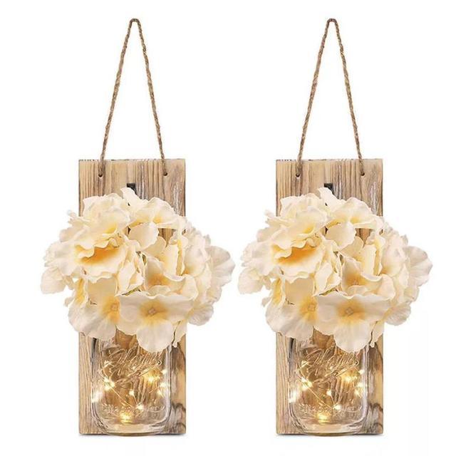 2 Pack Rustic  Jar Fairy Strip Lights Wall Decor Hydrangea Sconces Decorative Home Chic Hanging LED FlowersHanging Design with Remote Control LED Fairy Lights and White Peony, Farmhouse Kitchen Decorations Wall Home Decor Living Room Lights Set of Two