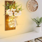 2 Pack Rustic  Jar Fairy Strip Lights Wall Decor Hydrangea Sconces Decorative Home Chic Hanging LED FlowersHanging Design with Remote Control LED Fairy Lights and White Peony, Farmhouse Kitchen Decorations Wall Home Decor Living Room Lights Set of Two