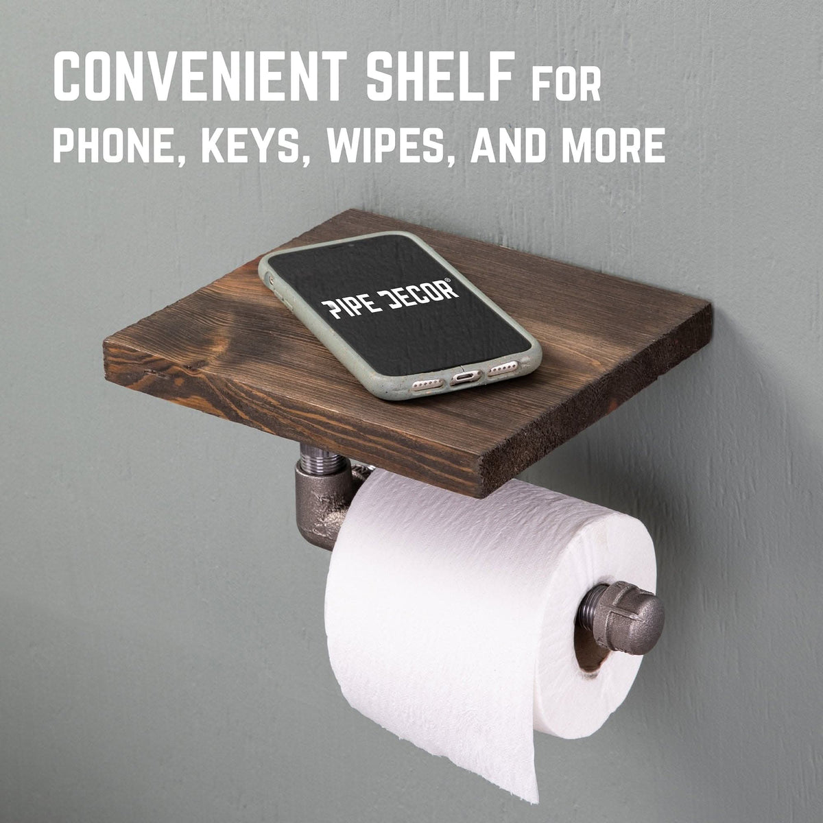 6 in. Wall-Mounted Pipe Toilet Paper Holder with Wood Shelf, Trail Brown