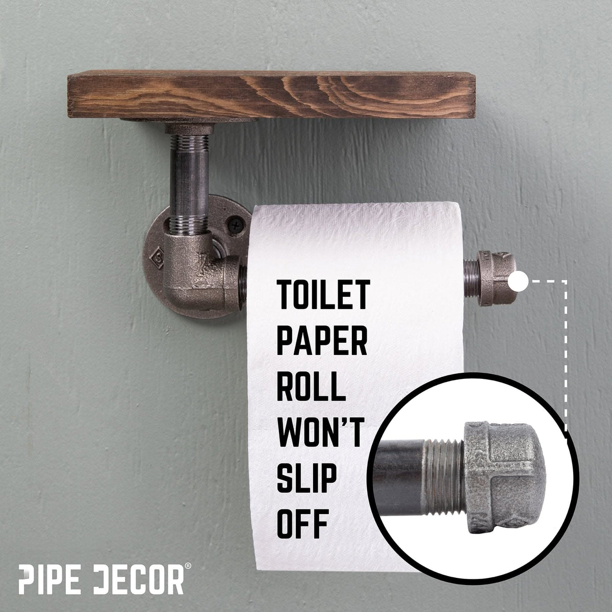 6 in. Wall-Mounted Pipe Toilet Paper Holder with Wood Shelf, Trail Brown