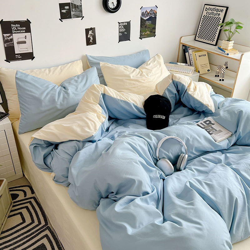 Washed Cotton Solid Color Double Spliced Four-Piece Bedding Set - Sheet, Quilt Cover, Pillowcases for Employee and Dormitory Use