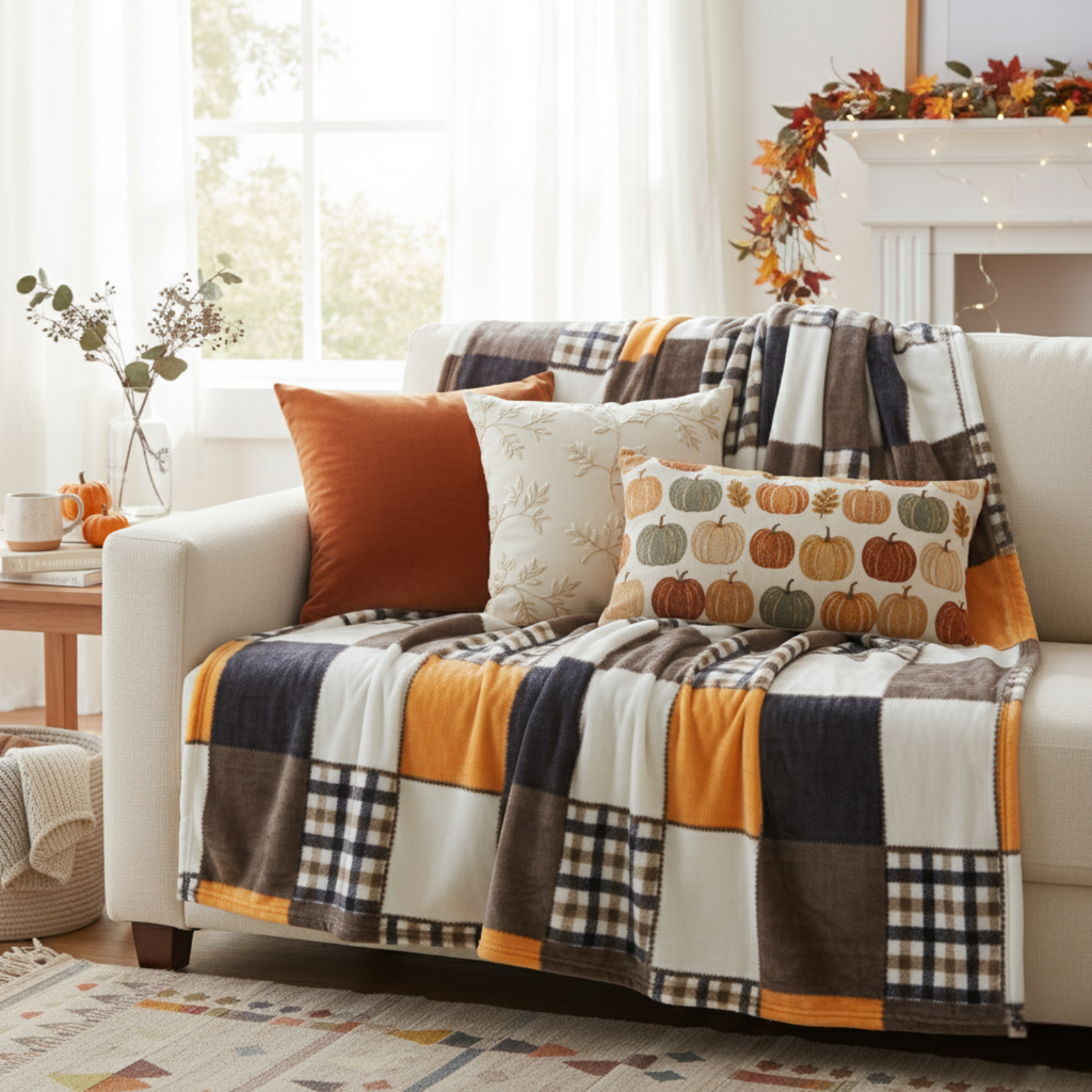 Tache Fall Orange Farmhouse Super Soft Micro Fleece Plaid Patchwork Plush Lightweight Bed Throw Blanket (4021)