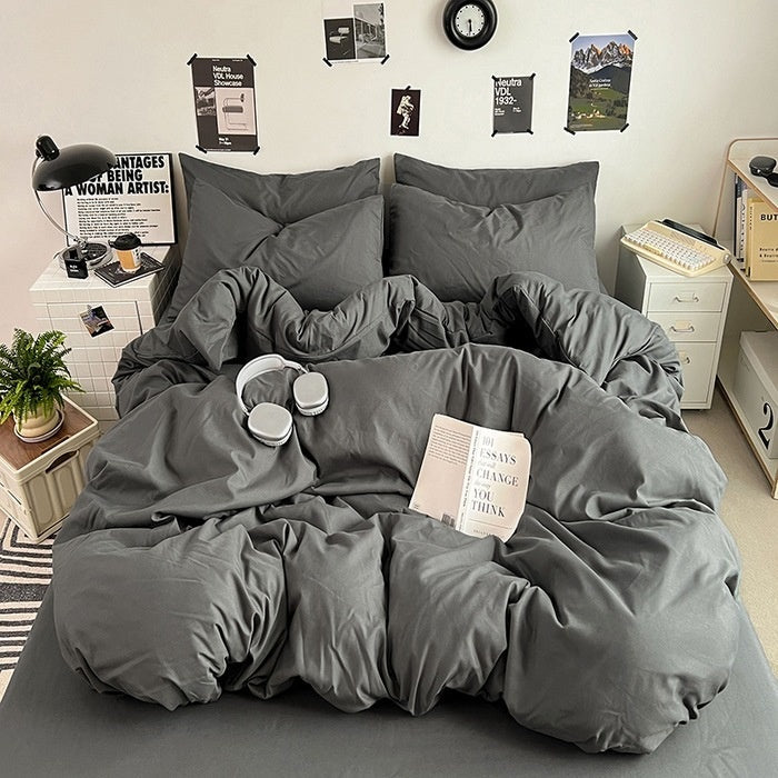 Washed Cotton Solid Color Double Spliced Four-Piece Bedding Set - Sheet, Quilt Cover, Pillowcases for Employee and Dormitory Use