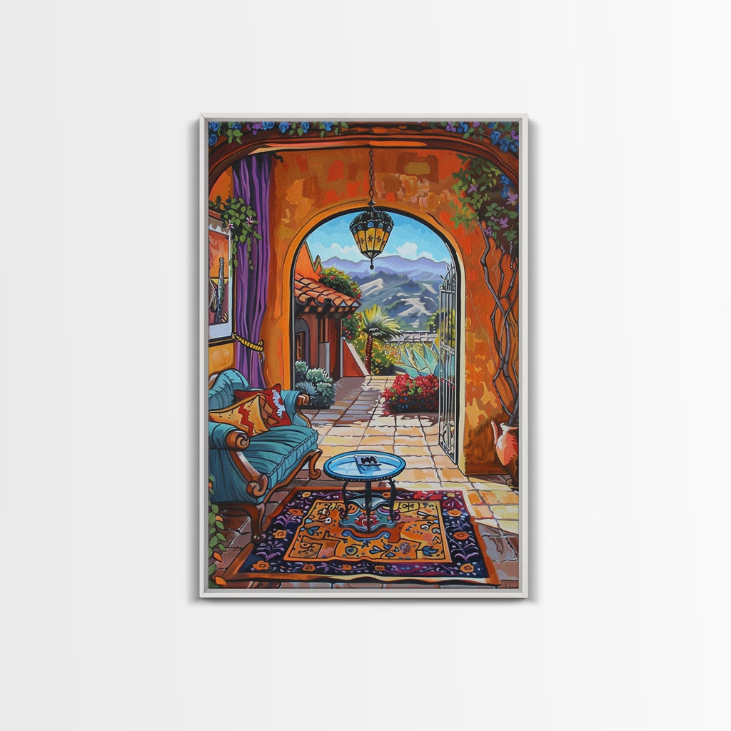 Cozy Southwestern Patio Framed Canvas Print Colorful Courtyard Best Gift Idea Home Decor Bright Seasonal Art Above Sofa Wall Art