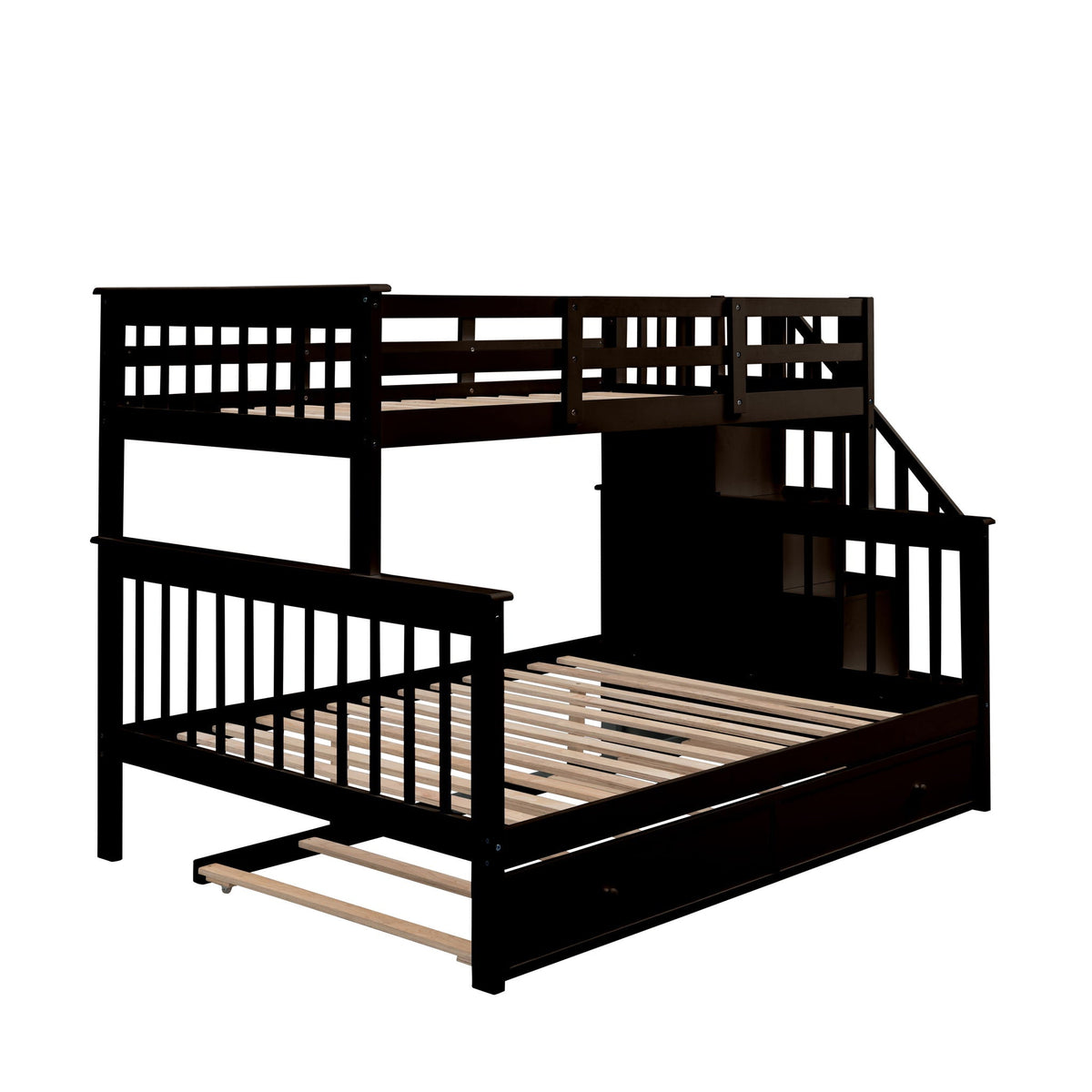 Bunk Bed With Twin Size Trundle, Storage And Guard Rail For Bedroom
