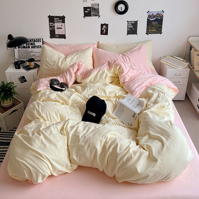 Washed Cotton Solid Color Double Spliced Four-Piece Bedding Set - Sheet, Quilt Cover, Pillowcases for Employee and Dormitory Use