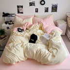 Washed Cotton Solid Color Double Spliced Four-Piece Bedding Set - Sheet, Quilt Cover, Pillowcases for Employee and Dormitory Use