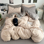 Washed Cotton Solid Color Double Spliced Four-Piece Bedding Set - Sheet, Quilt Cover, Pillowcases for Employee and Dormitory Use