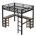 Full metal loft bed with desk and shelf, loft bed with ladder and guardrail, bedroom loft bed frame, black