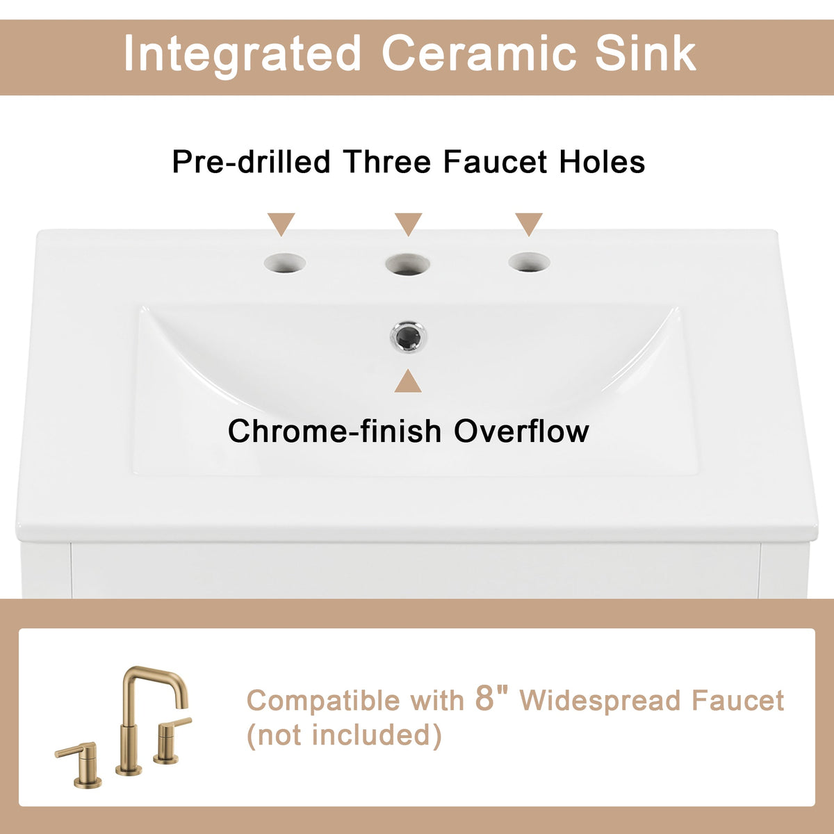 24" Bathroom Vanity with Sink, Bathroom Vanity Cabinet with One Drawer and Doors, Solid Wood and MDF, White