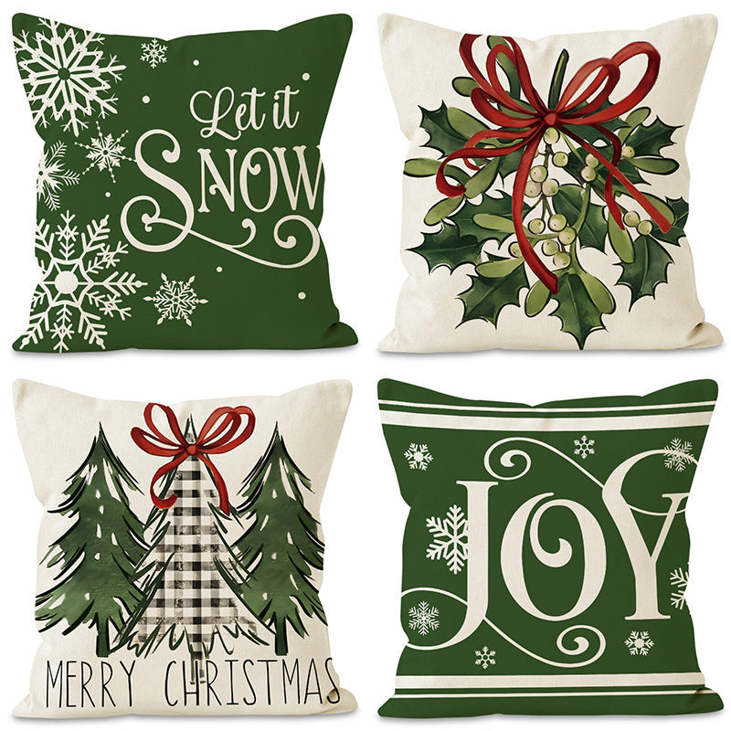 Green Christmas Pillow Cover Linen Printed Pillow Cover Holiday Living Room Bedroom Decoration Cushion Cover