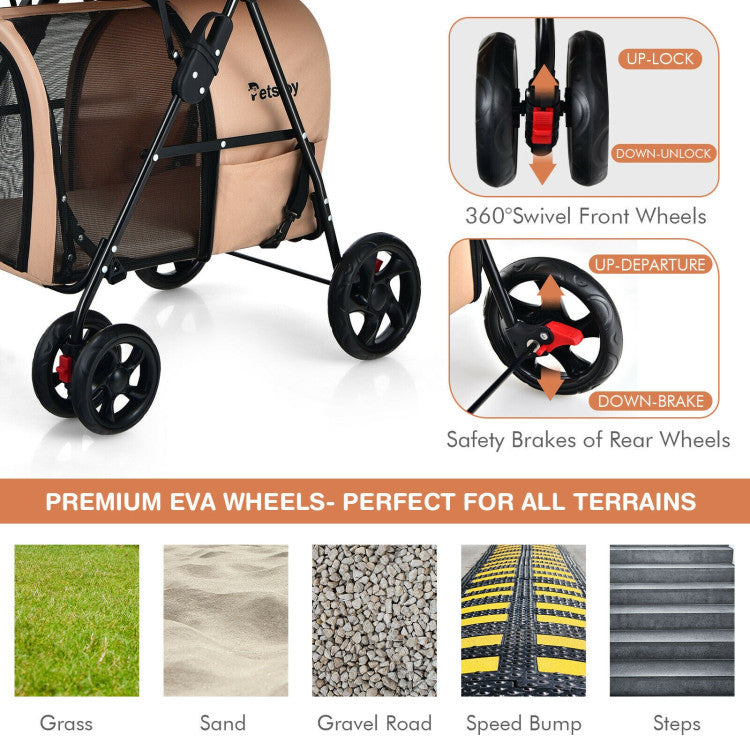 4-in-1 Double Pet Stroller with Detachable Carrier and Travel Carriage