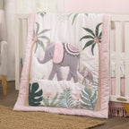 NoJo Tropical Princess Elephant /Jungle Pink and Green 4 Piece Crib Bedding Set - Comforter, Fitted Crib Sheet, Dust Ruffle and Storage
