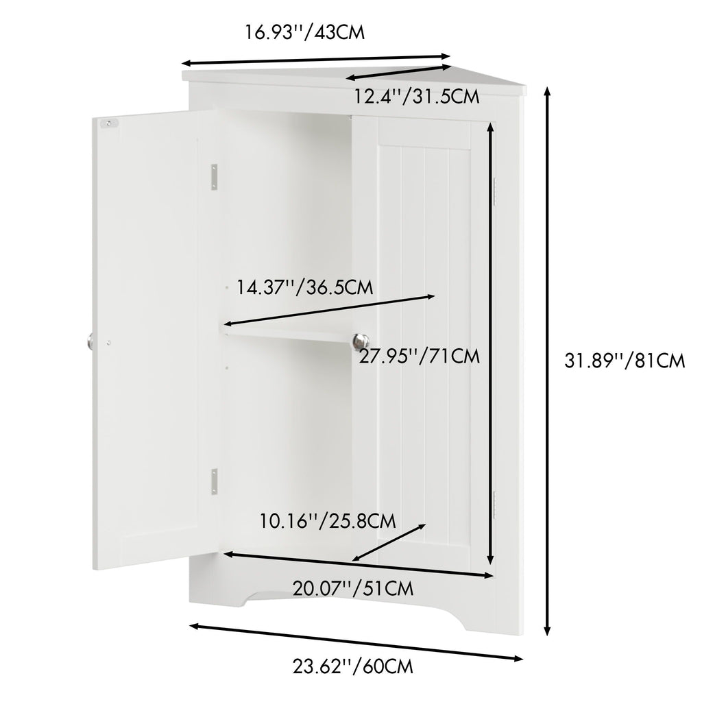 Corner Cabinet With 2 Doors And Adjustable Shelves, Freestanding Narrow Storage Organizer For Bathroom - White