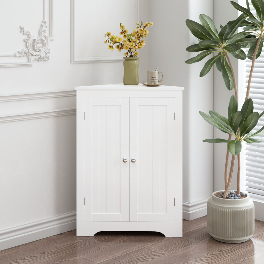 Corner Cabinet With 2 Doors And Adjustable Shelves, Freestanding Narrow Storage Organizer For Bathroom - White