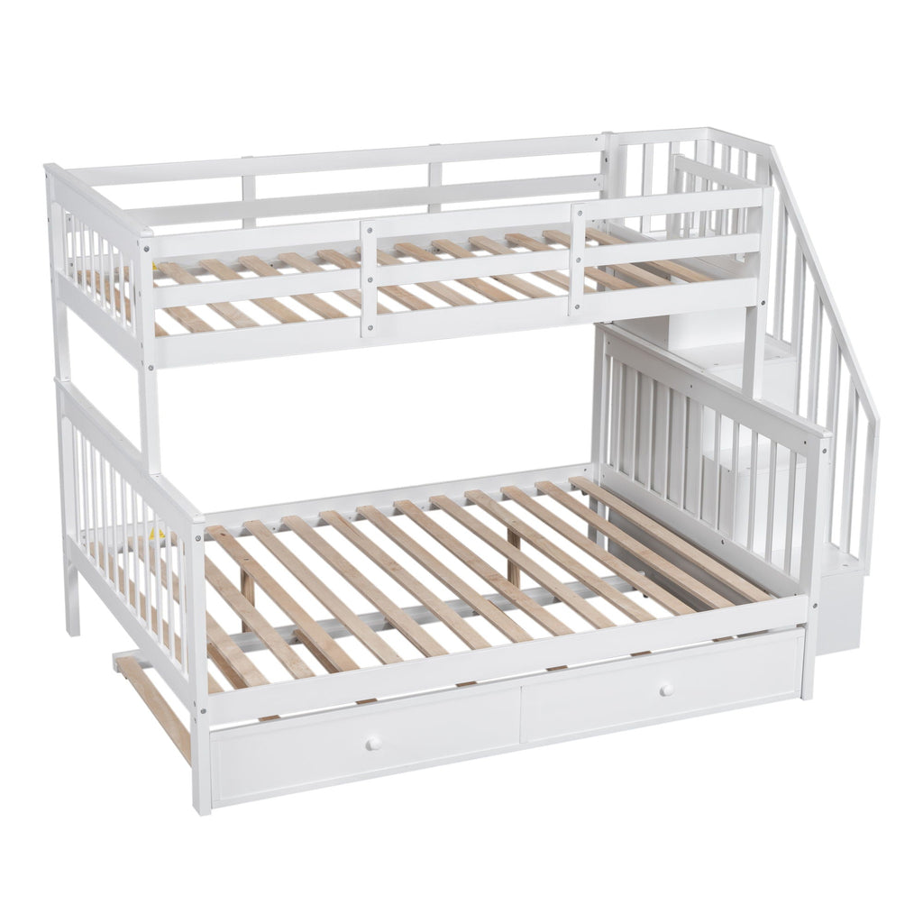 Bunk Bed With Twin Size Trundle, Storage And Guard Rail For Bedroom
