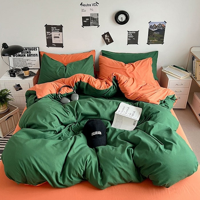 Washed Cotton Solid Color Double Spliced Four-Piece Bedding Set - Sheet, Quilt Cover, Pillowcases for Employee and Dormitory Use