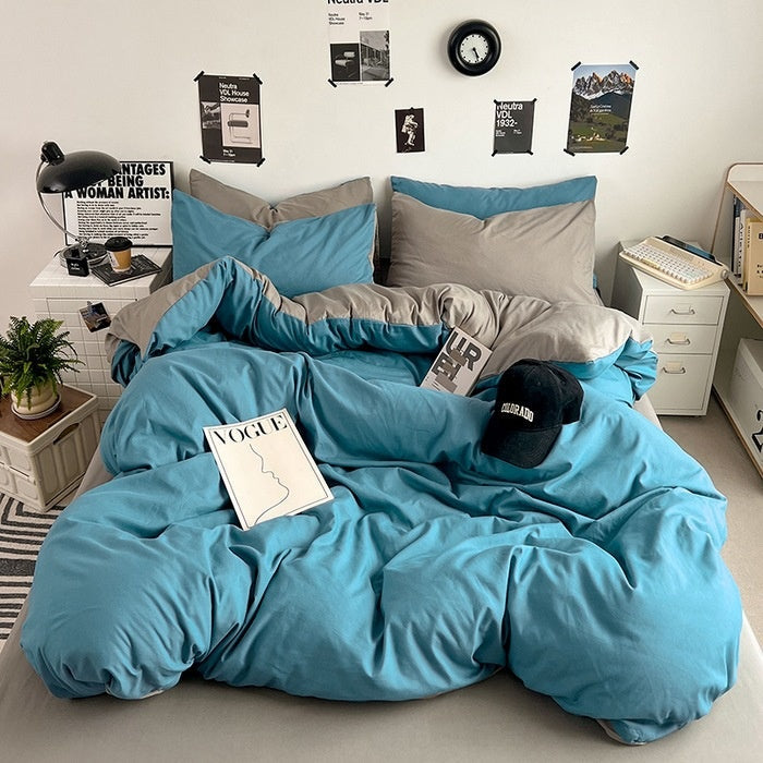 Washed Cotton Solid Color Double Spliced Four-Piece Bedding Set - Sheet, Quilt Cover, Pillowcases for Employee and Dormitory Use