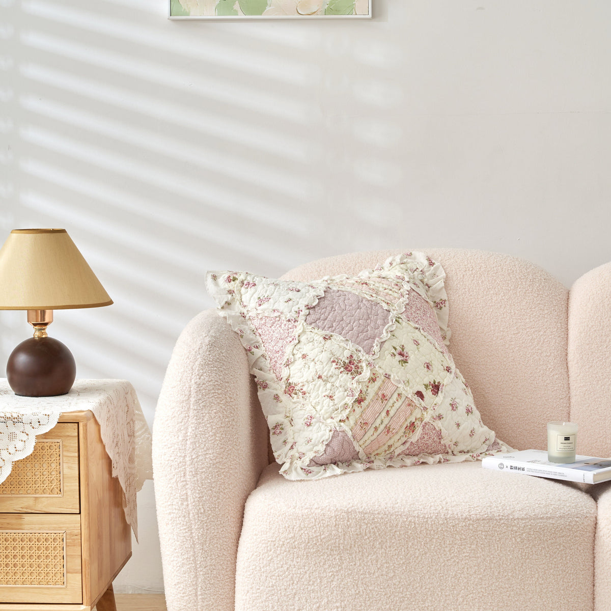 DaDalogy Blush Cottage Rose Pillow Covers – Set of 2, 18x18 Quilted Patchwork Floral Shabby Chic