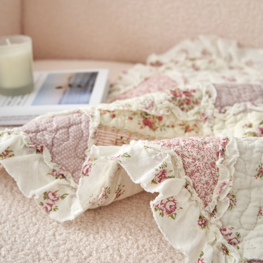 DaDalogy Blush Cottage Rose Pillow Covers – Set of 2, 18x18 Quilted Patchwork Floral Shabby Chic