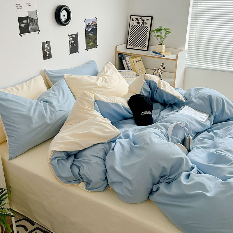 Washed Cotton Solid Color Double Spliced Four-Piece Bedding Set - Sheet, Quilt Cover, Pillowcases for Employee and Dormitory Use