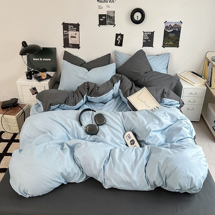 Washed Cotton Solid Color Double Spliced Four-Piece Bedding Set - Sheet, Quilt Cover, Pillowcases for Employee and Dormitory Use