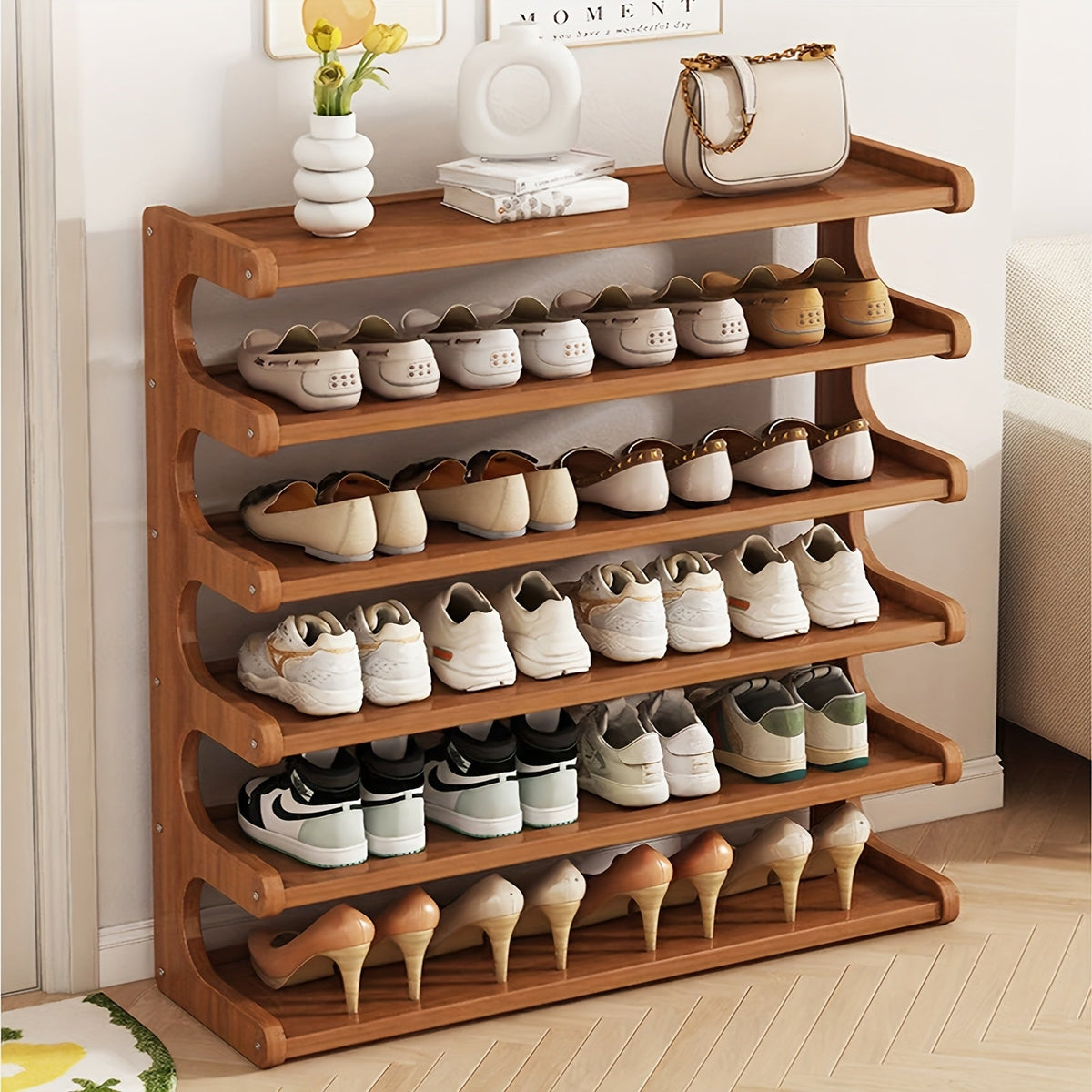 5/6 Tier Bamboo Shoe Rack Organizer Wooden Shelf Entryway Space Saving
