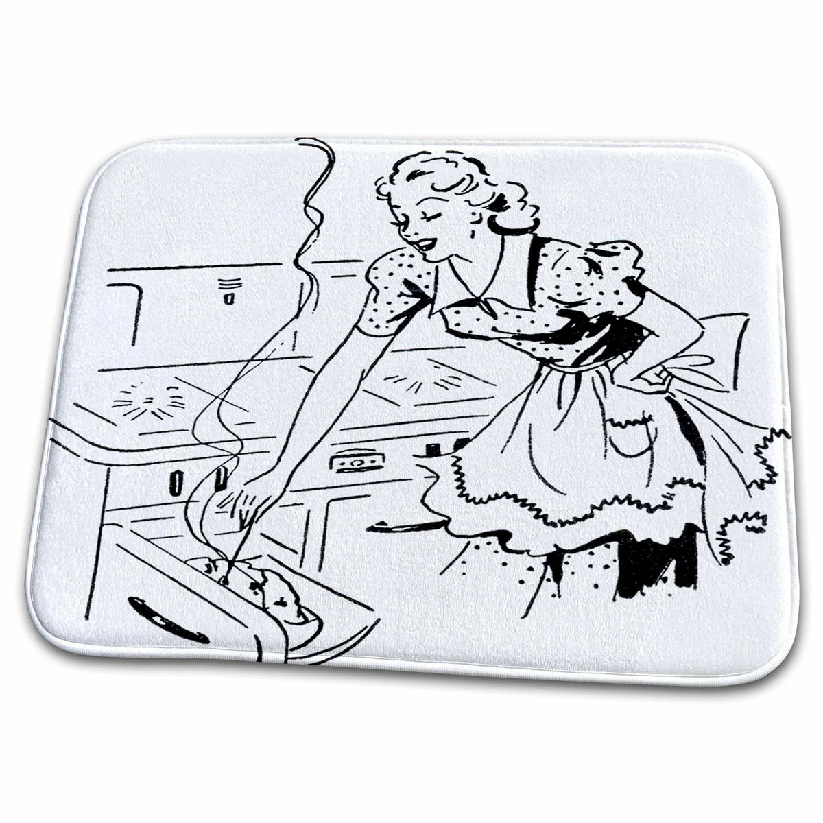Dish Drying Mat - Print of Retro Mom In Kitchen Cooking Retro