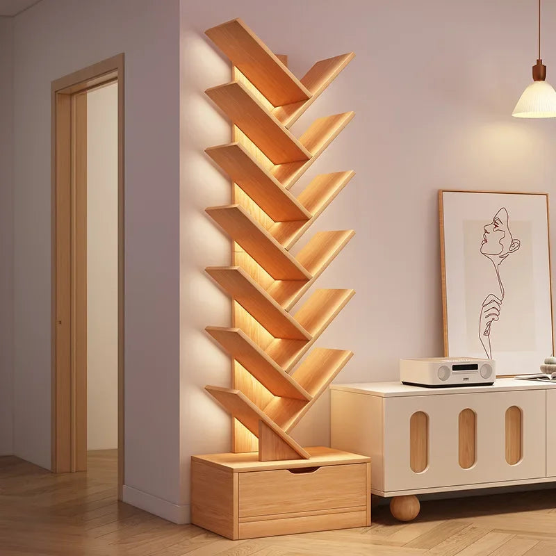 Tree-shaped Bookshelf Solid Wood Book Rack Floor-to-ceiling Space-saving Shelf Living Room Storage Shelf Display Shelf Household
