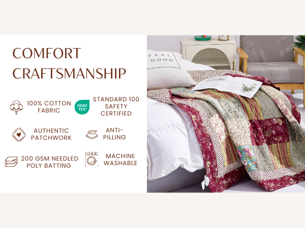 Tache Fairy Tale Tea Party Beige Burgundy Paisley Floral Cotton Patchwork Quilted Throw Blanket (DXJ103443)