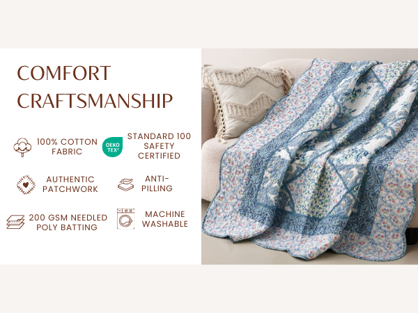 Tache Petal Dance White Blue Floral Vintage Garden Scalloped Cotton Patchwork Quilted Throw Blanket (JHW-646)