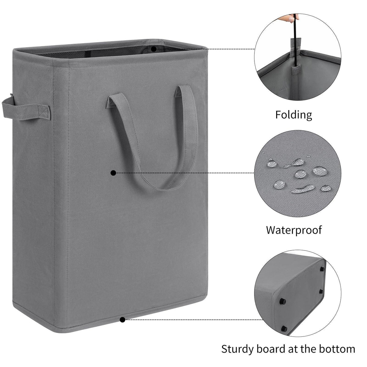 Slim Laundry Hamper With Handles Collapsible Laundry Basket Thin Dirty Clothes Basket Narrow Laundry Bag Foldable Dirty Cloth Hamper 45L (21 inchesGrey)