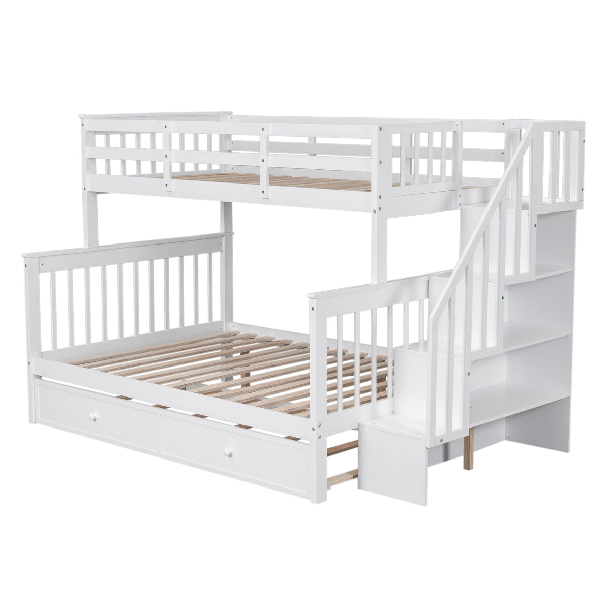 Bunk Bed With Twin Size Trundle, Storage And Guard Rail For Bedroom