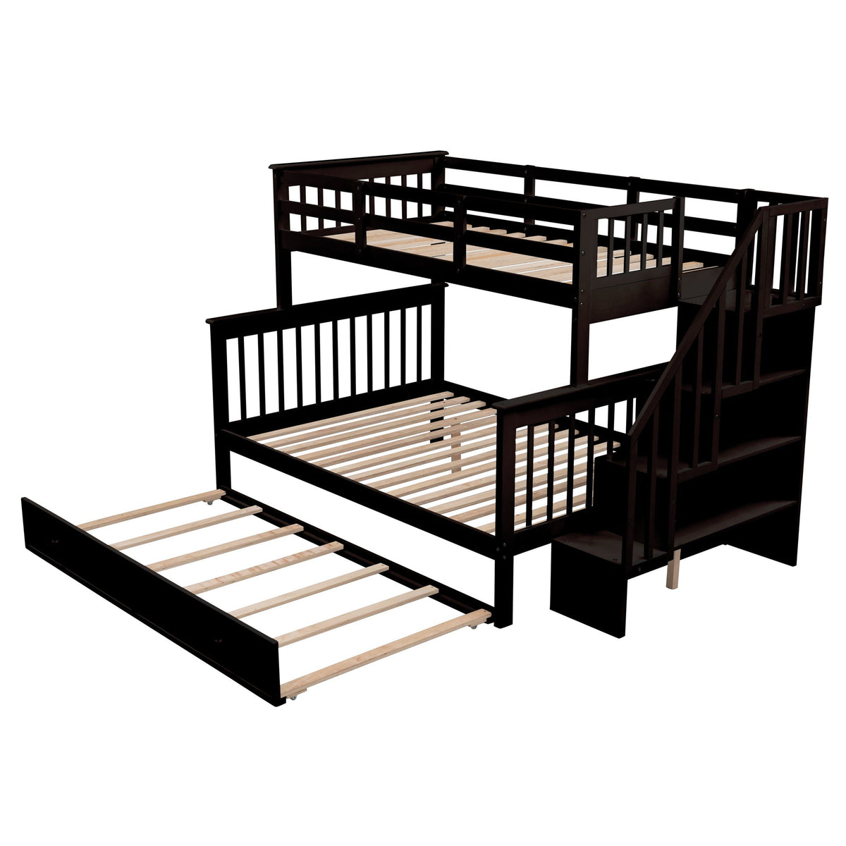 Bunk Bed With Twin Size Trundle, Storage And Guard Rail For Bedroom