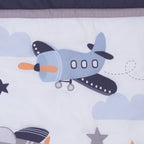 Soar High Little One Navy, Light Blue, Orange, and White Airplanes, Clouds, and Stars 3 Piece Nursery Mini Crib Bedding Set - Comforter, and Two Fitted Mini Crib Sheets