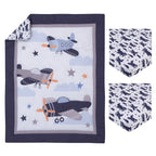 Soar High Little One Navy, Light Blue, Orange, and White Airplanes, Clouds, and Stars 3 Piece Nursery Mini Crib Bedding Set - Comforter, and Two Fitted Mini Crib Sheets