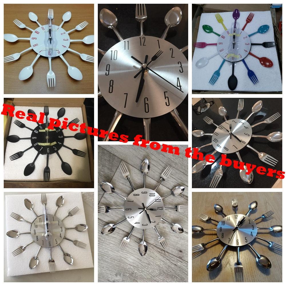 Metal Kitchen Wall Clock Creative  Kitchen Wall Clock 3D Modern Creative Kitchen Cutlery Spoon Fork Time Like Wall Clock Wall Sticker Room Home Decoration Quartz Wall Art Cutlery Mounted Clocks Modern Design Home Decorative