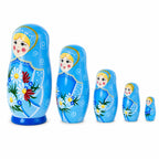 5 Girls with Daisy Flowers & Blue Skirt Wooden Nesting Dolls 6 Inches