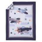 Soar High Little One Navy, Light Blue, Orange, and White Airplanes, Clouds, and Stars 3 Piece Nursery Mini Crib Bedding Set - Comforter, and Two Fitted Mini Crib Sheets